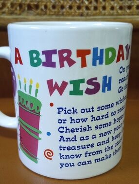 Birthday Wish Colorful Vintage Stoneware Mug, Larry S. Chengges, Flomo